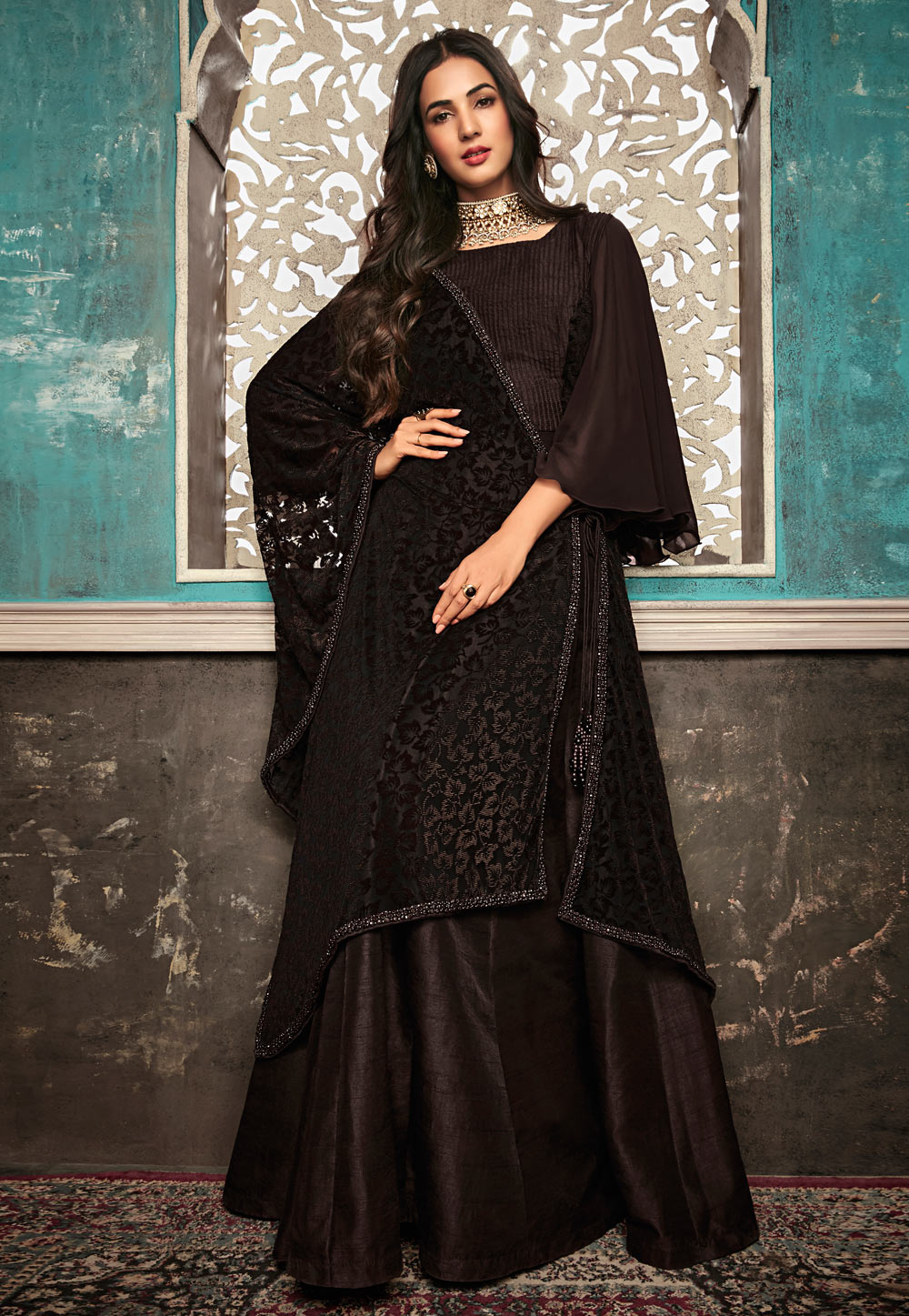 Sonal Chauhan Brown Silk Embroidered Long Anarkali Suit 182441