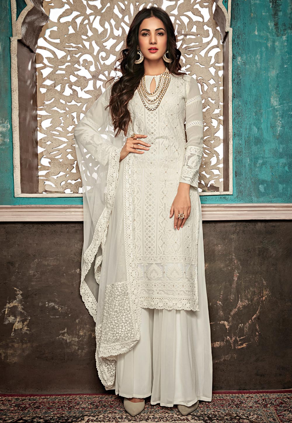 Sonal Chauhan Off White Georgette Embroidered Palazzo Suit 182443