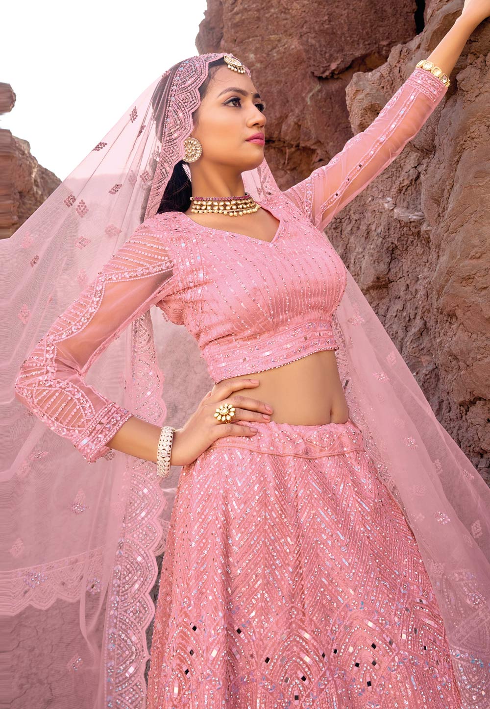 Buy Rose Pink Sequence Embroidery Work Lehenga Choli at fealdeal.com