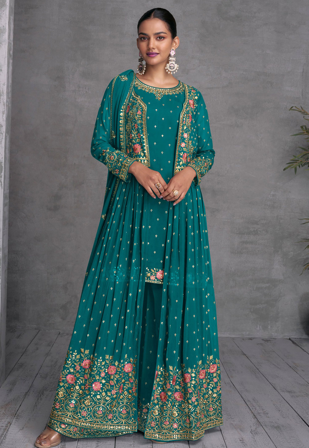 Turquoise Georgette Jacket Style Suit 277422