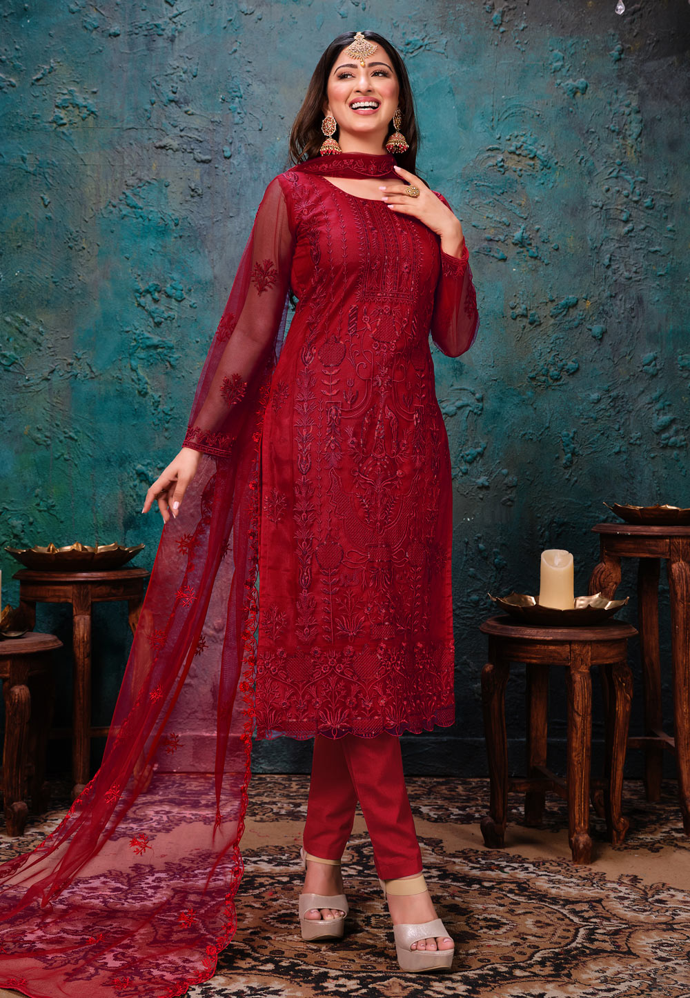 Red Net Kameez With Pant 218974