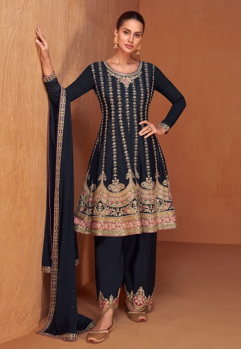 Navy Blue Chinon Palazzo Suit 276387
