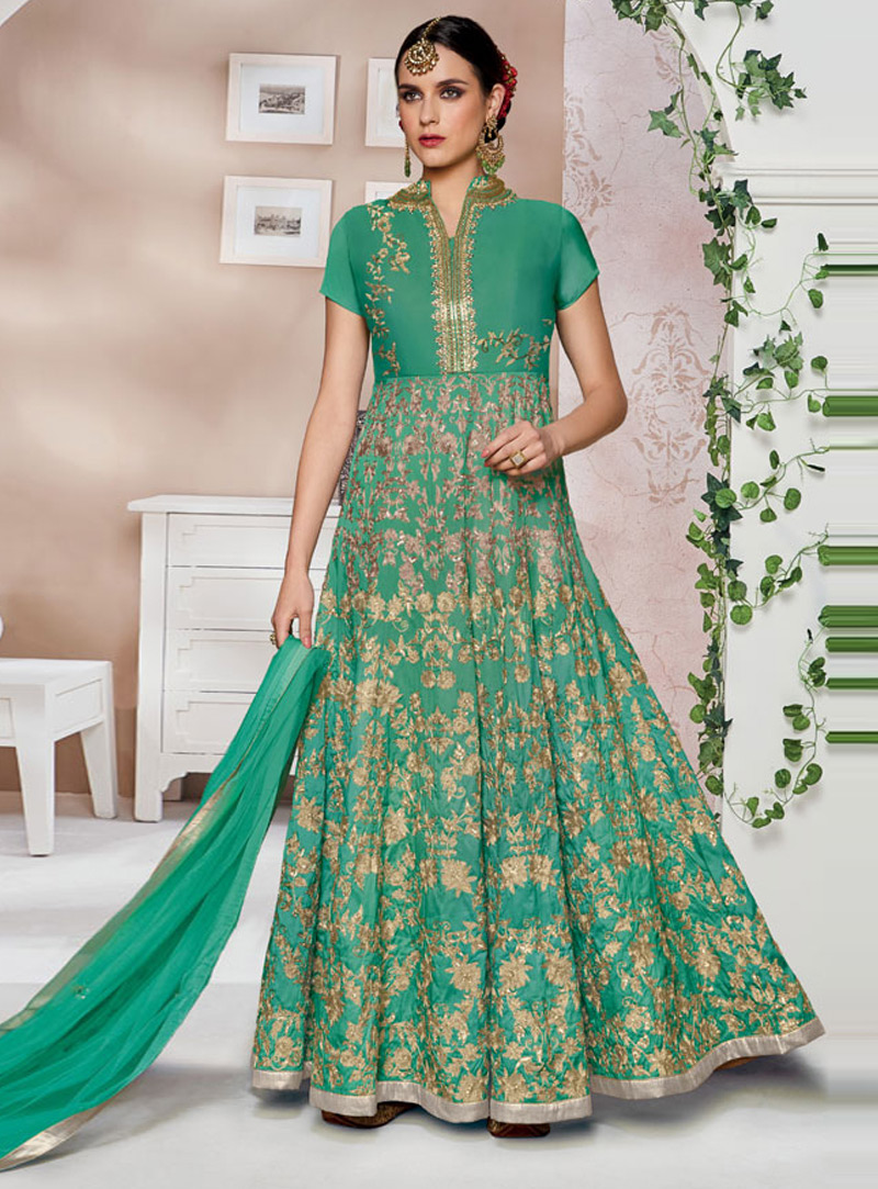 Sea Green Malbari Silk Long Anarkali Suit 119150