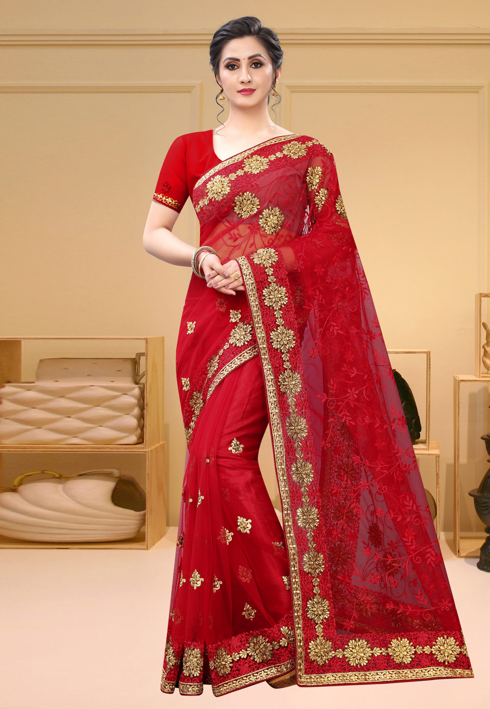 Red Net Saree With Blouse 213715