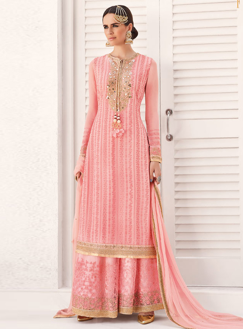 Pink Georgette Palazzo Style Suit 142492