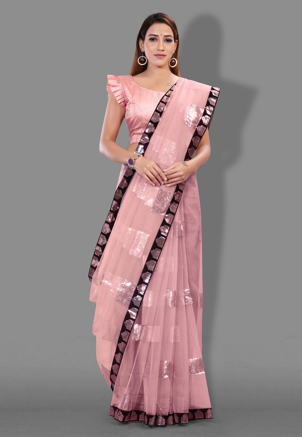 Pink Net Festival Wear Saree 233756