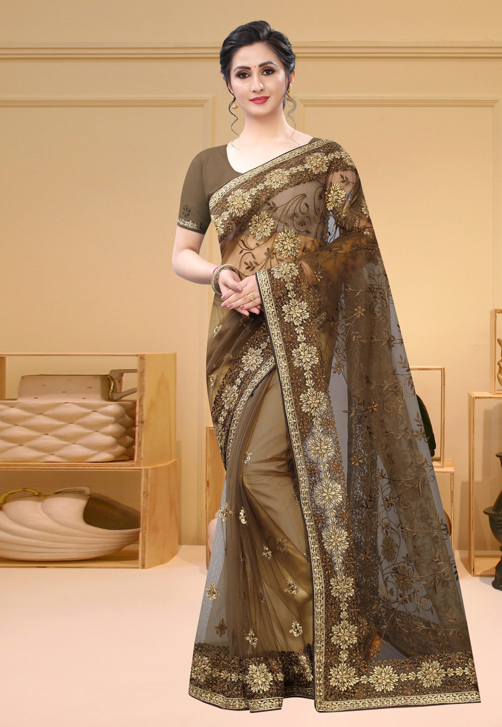 Brown Net Saree With Blouse 213717