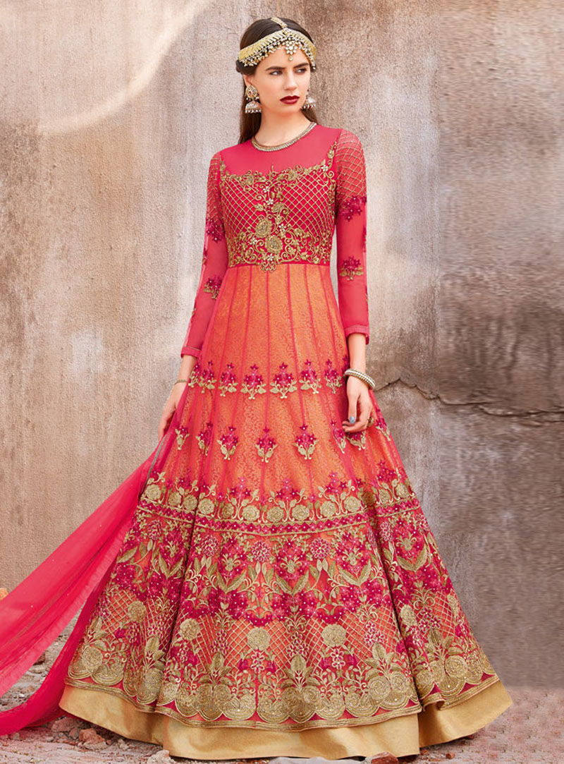 Pink Net Floor Length Anarkali Suit 147685