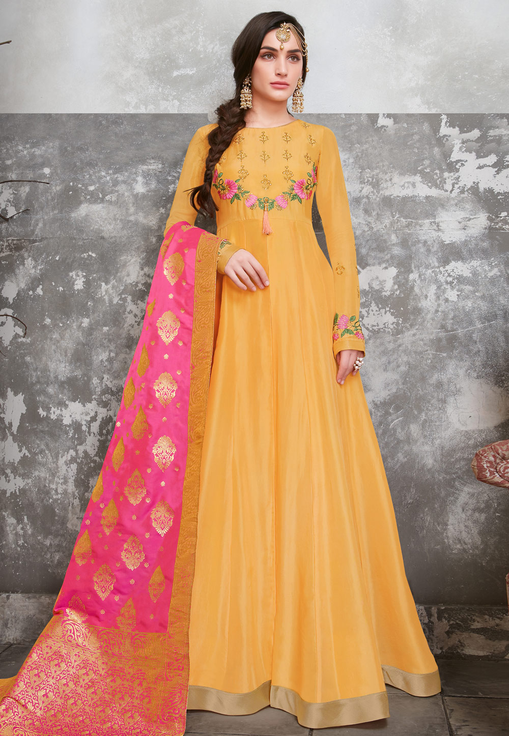 Yellow Art Silk Center Slit Anarkali Suit 167800