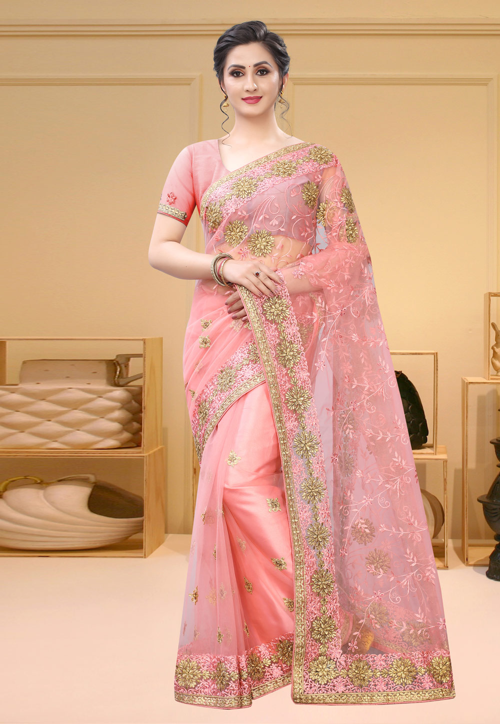 Pink Net Saree With Blouse 213719