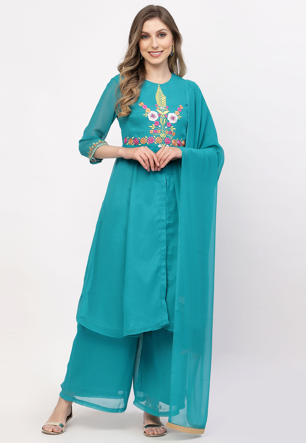Sky Blue Georgette Readymade Palazzo Suit 256619