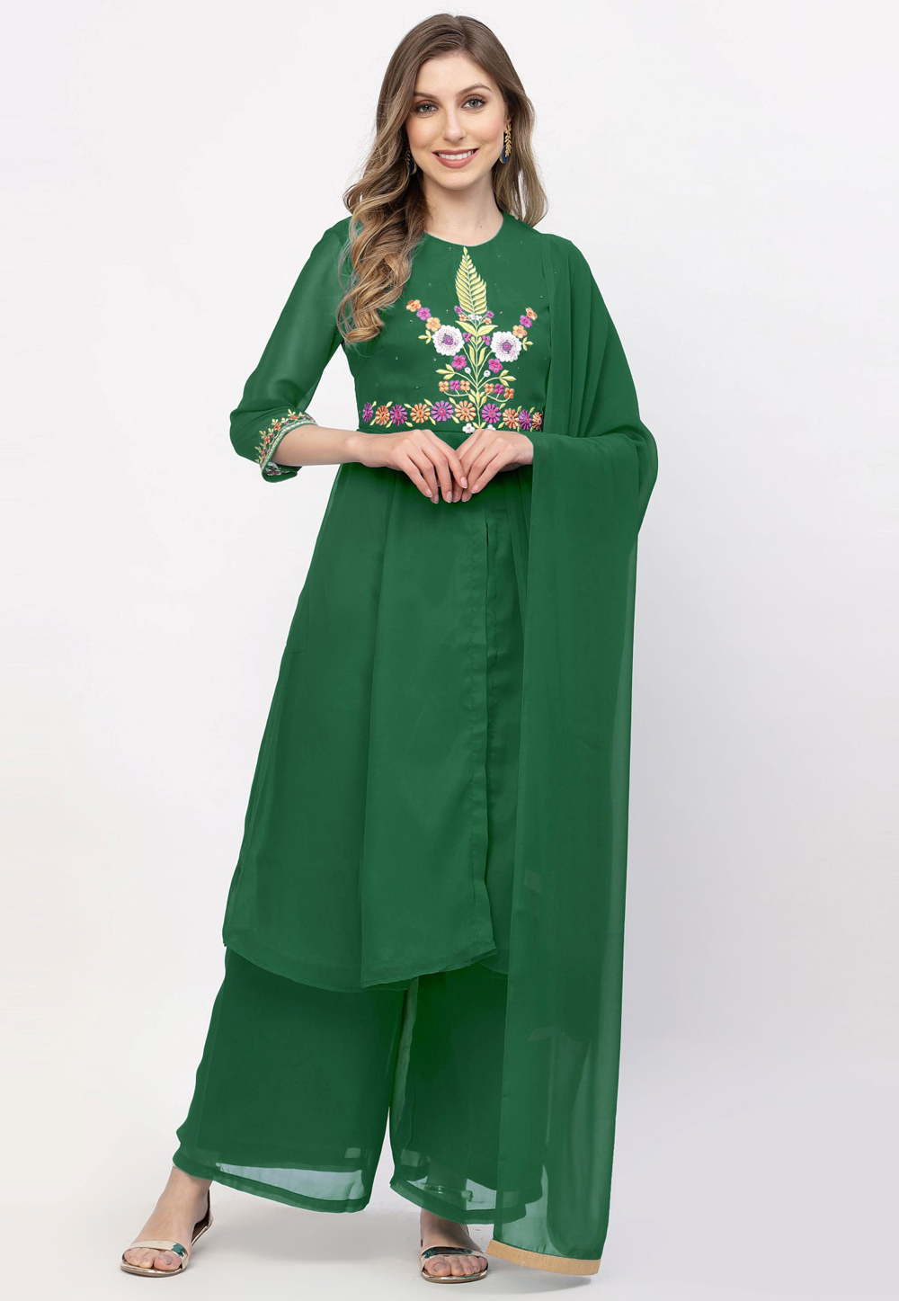 Green Georgette Readymade Palazzo Suit 257699