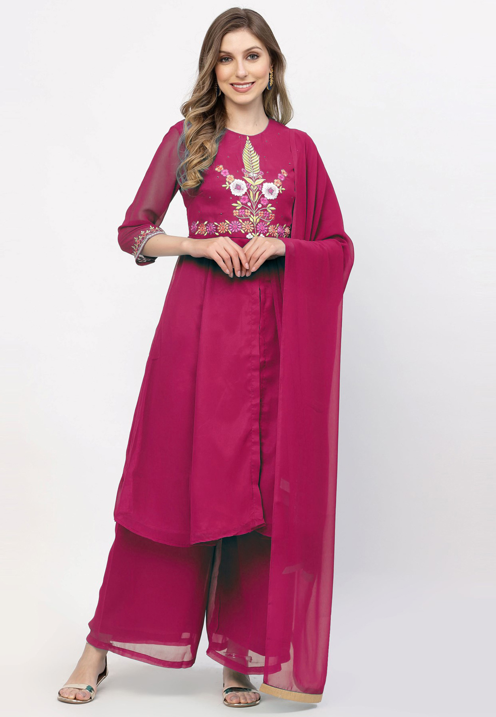 Magenta Georgette Readymade Palazzo Suit 257701