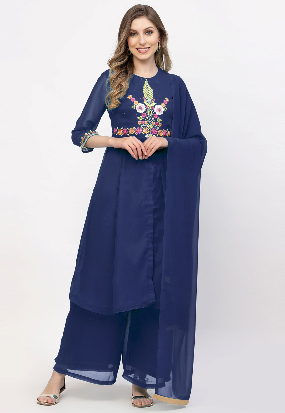 Navy Blue Georgette Readymade Palazzo Suit 257702