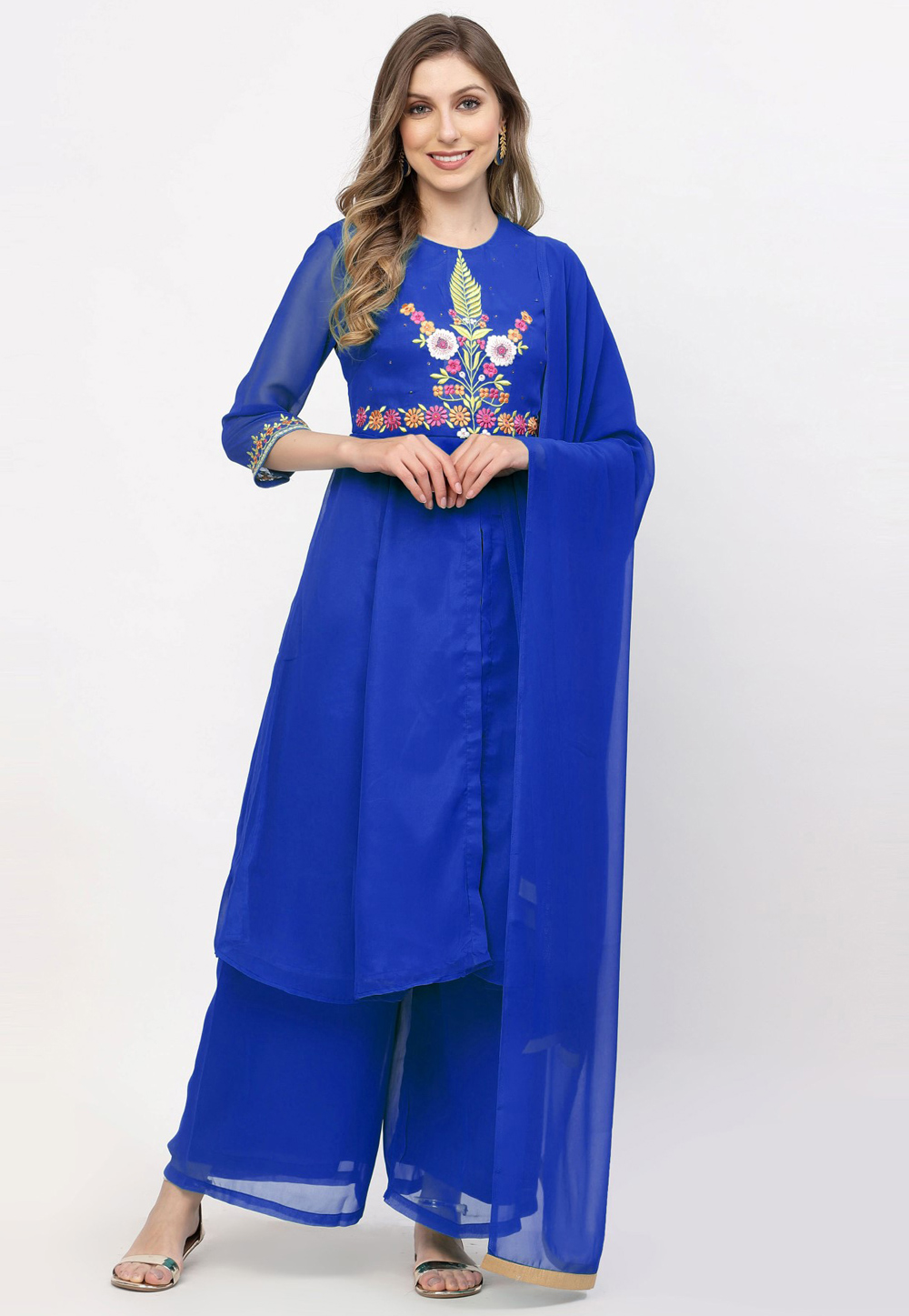 Blue Georgette Readymade Palazzo Suit 257703
