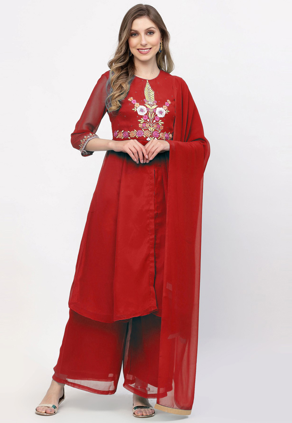 Red Georgette Readymade Palazzo Suit 257704