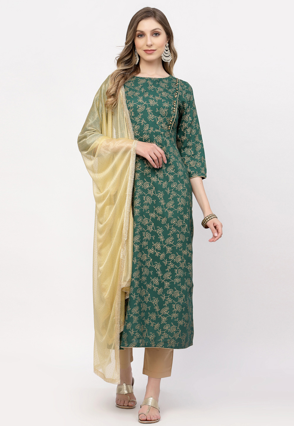 Green Cotton Readymade Pant Style Suit 256622