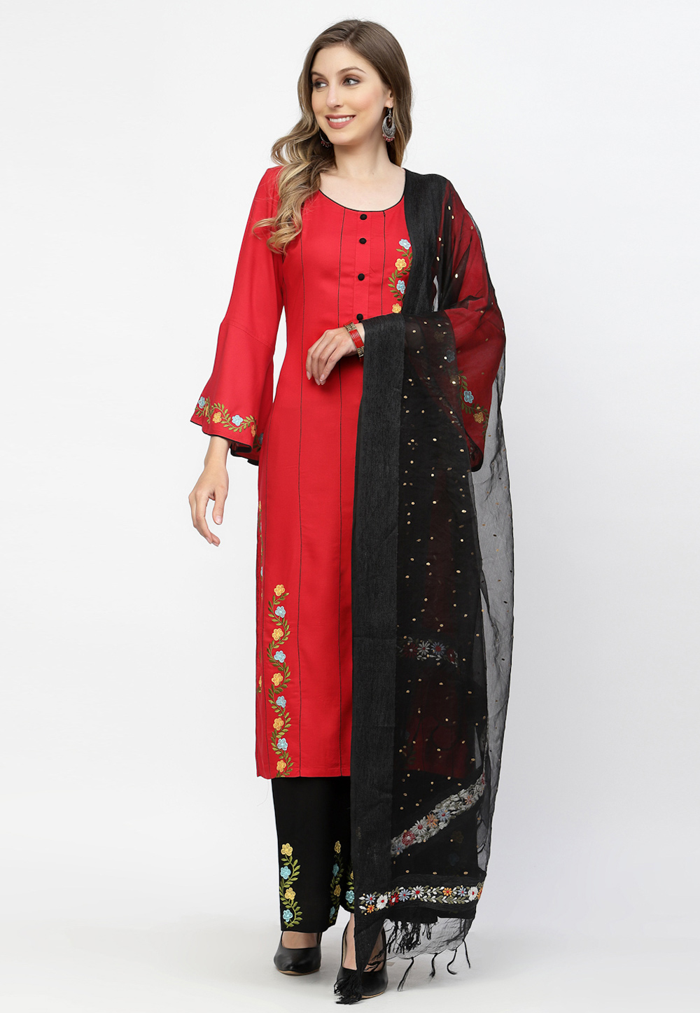 Red Rayon Readymade Pant Style Suit 256623