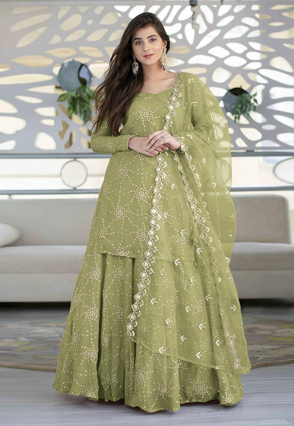 Light Green Faux Georgette Long Choli Lehenga 263301