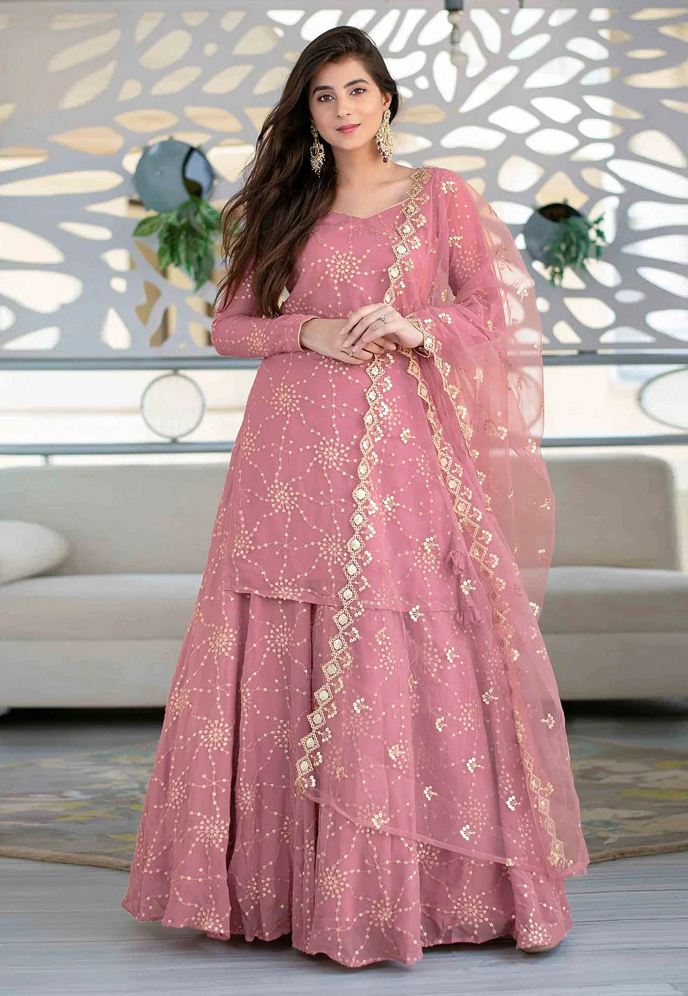 Pink Faux Georgette Indo Western Lehenga Choli 263302