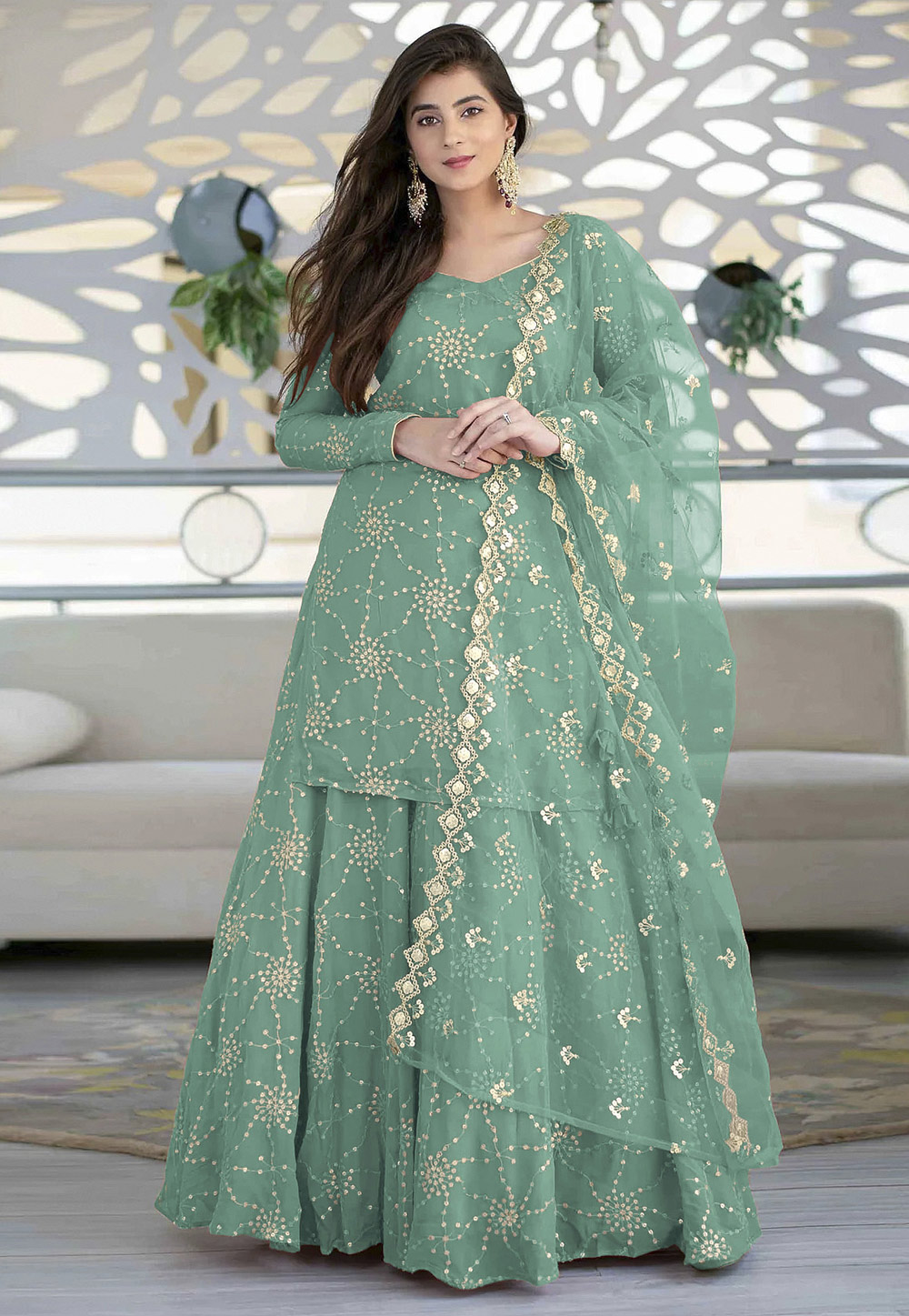Sea Green Faux Georgette Long Choli Lehenga 263303