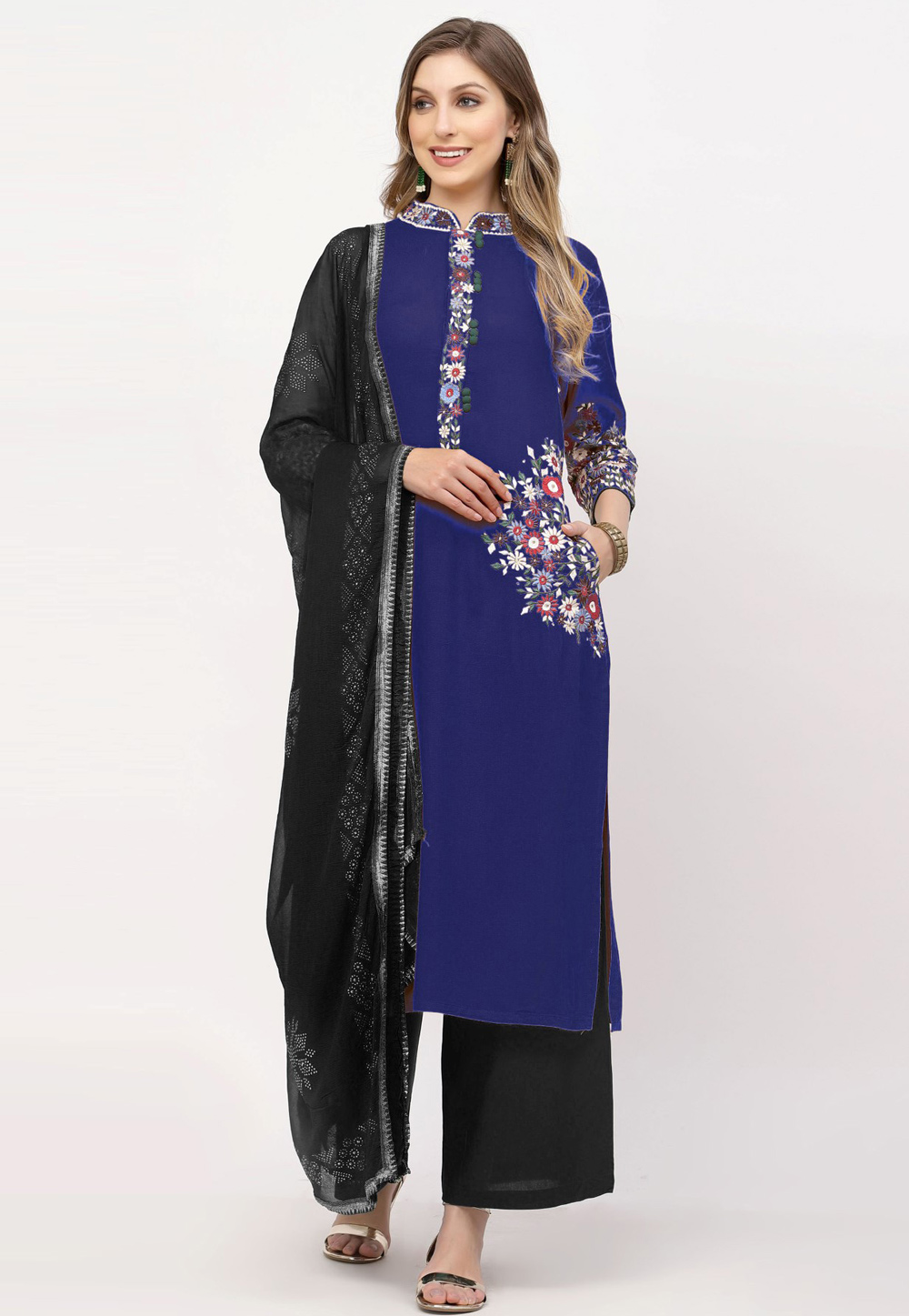Navy Blue Rayon Readymade Palazzo Suit 257708