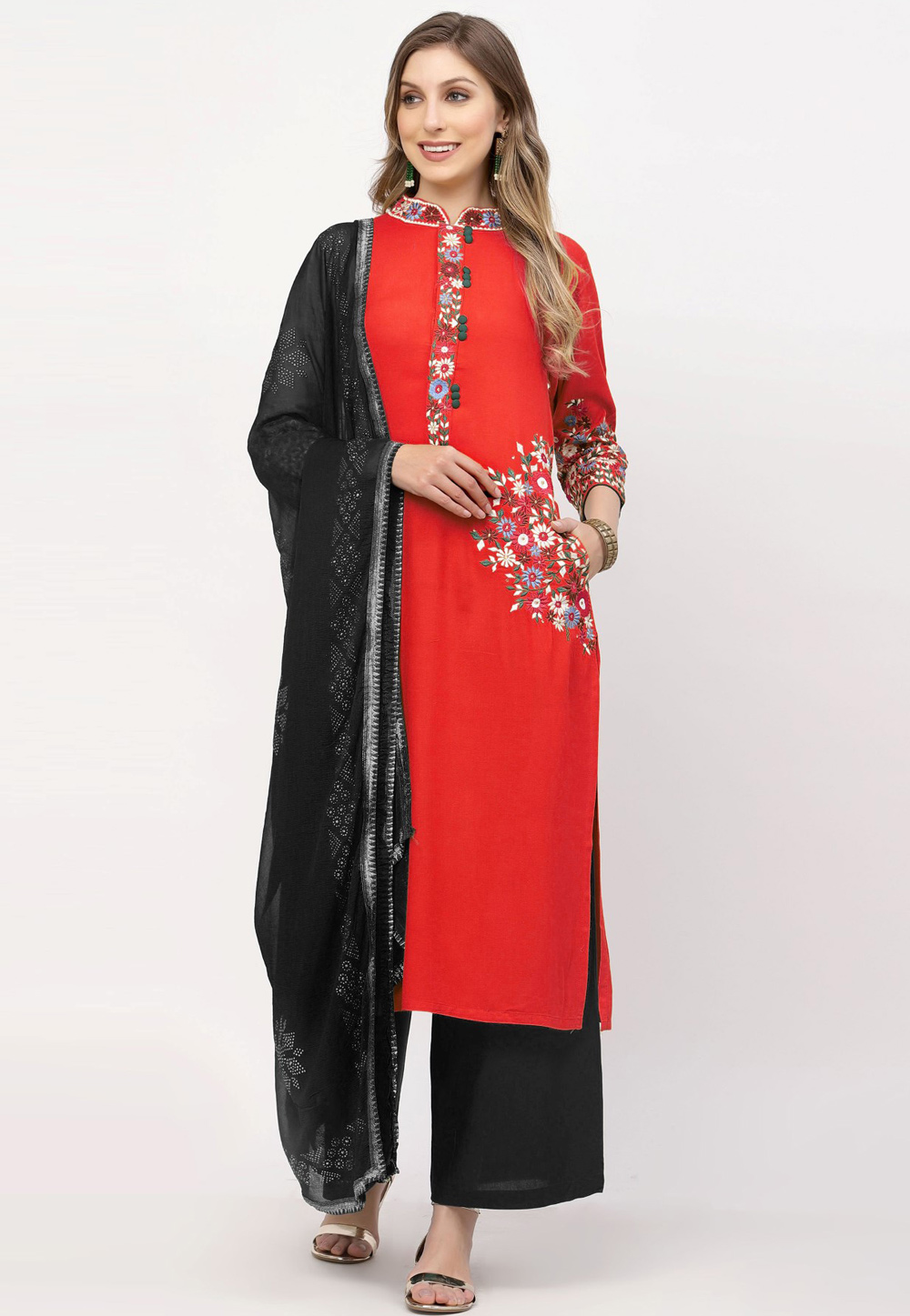Red Rayon Readymade Palazzo Suit 257710