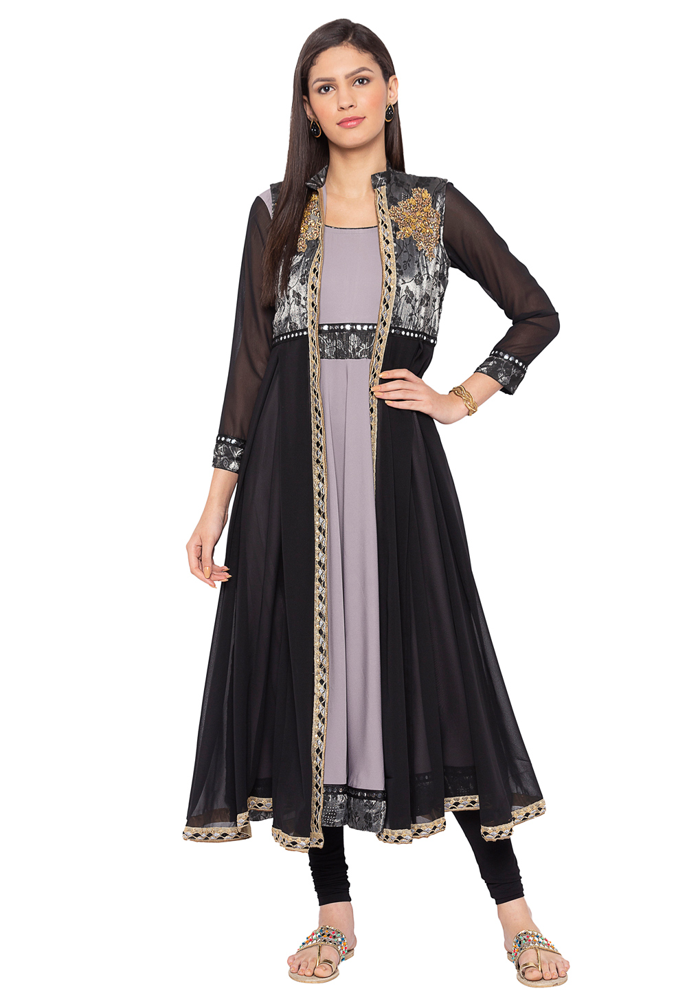 Black Crepe Readymade Churidar Suit With Jacket 183987