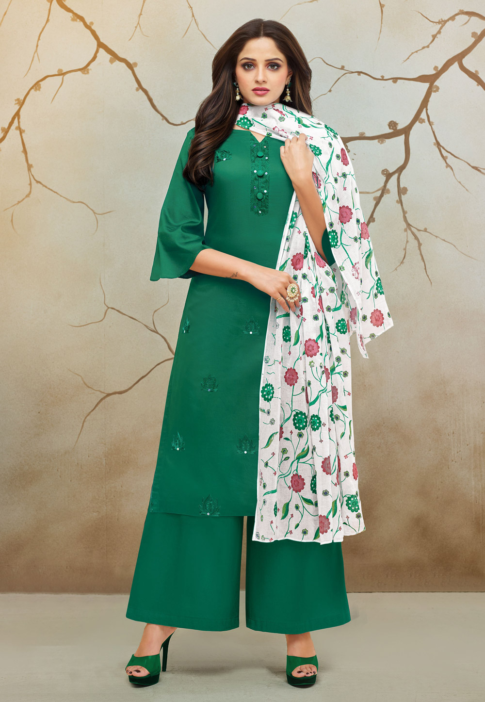 Green Cotton Kameez With Palazzo 183352