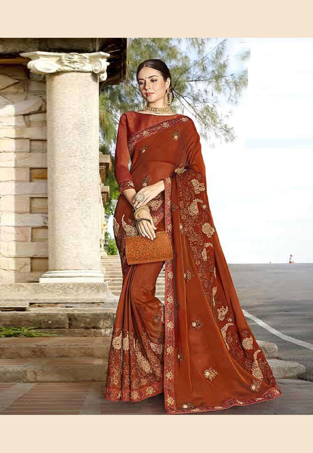 Rust Faux Georgette Saree With Blouse 203521