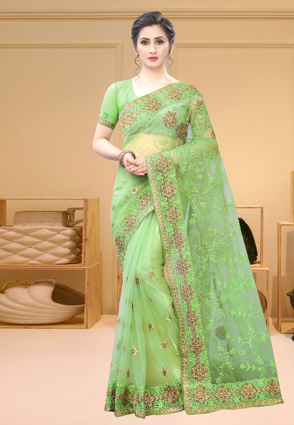 Green Net Saree With Blouse 213721