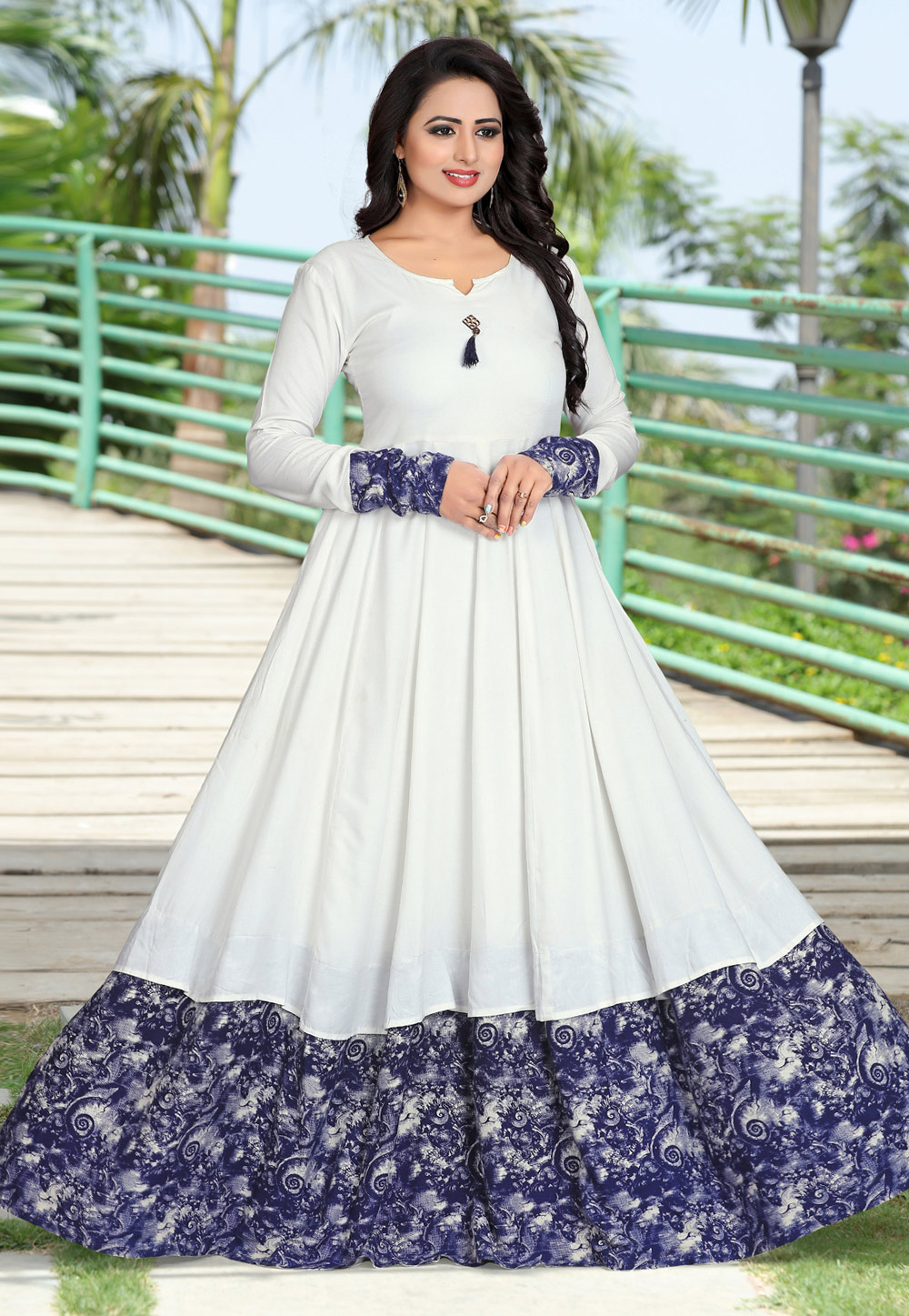 Off White Rayon Flared Gown 236622