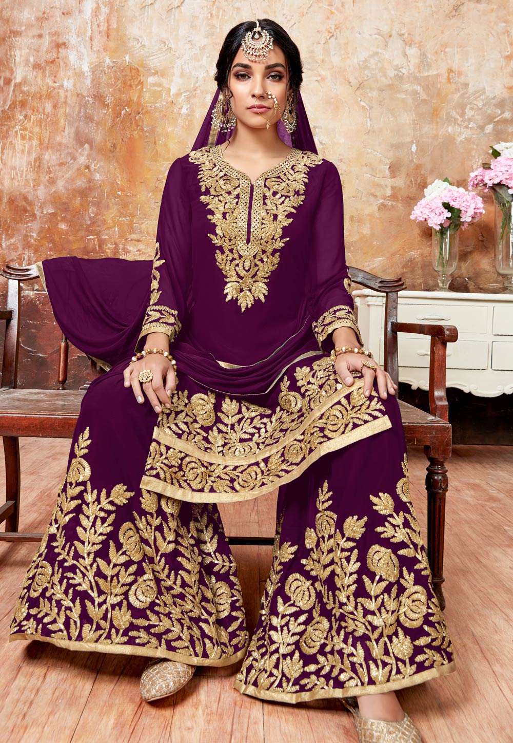 Purple Faux Georgette Palazzo Suit 154507