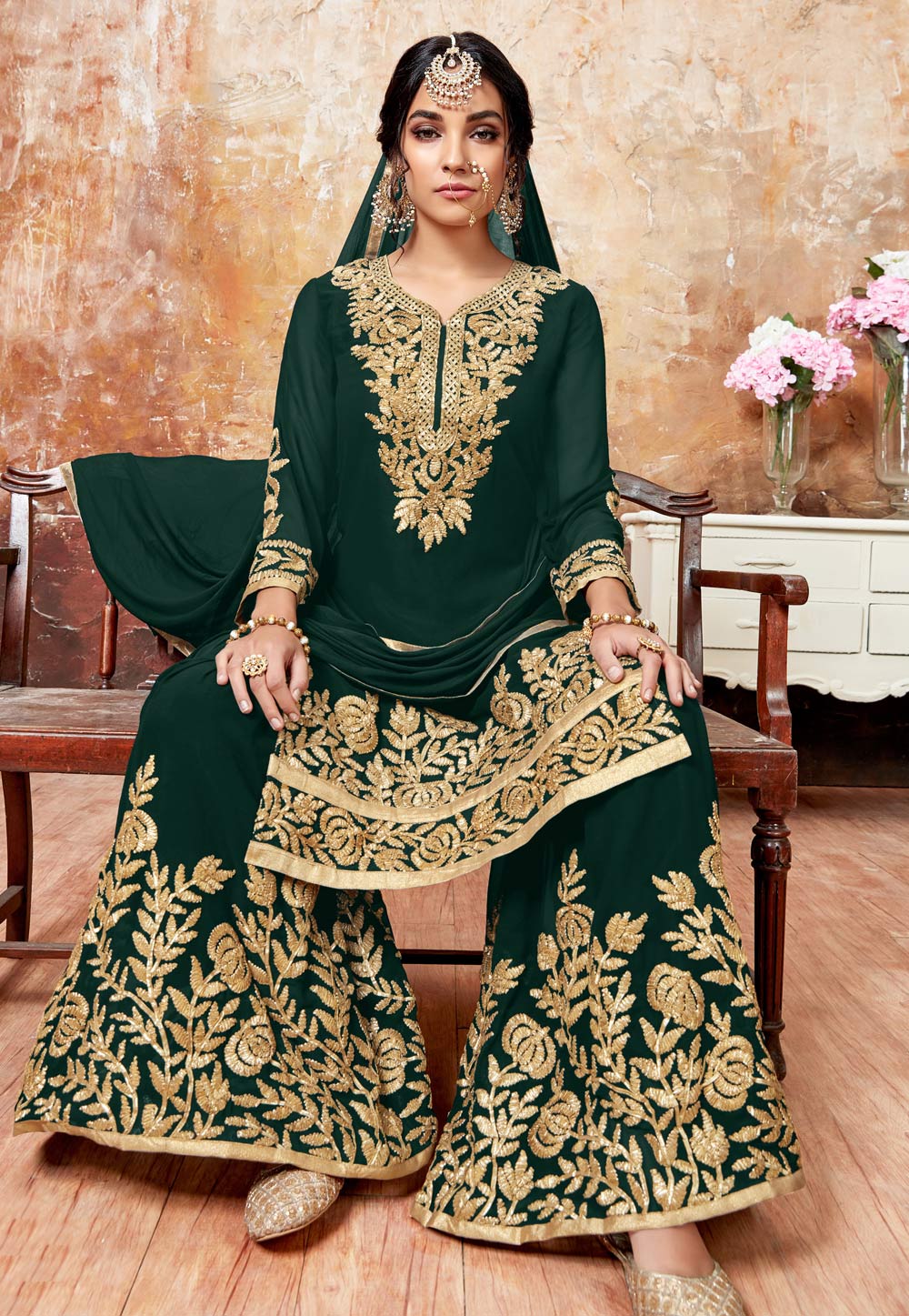 Green Faux Georgette Palazzo Suit 154508