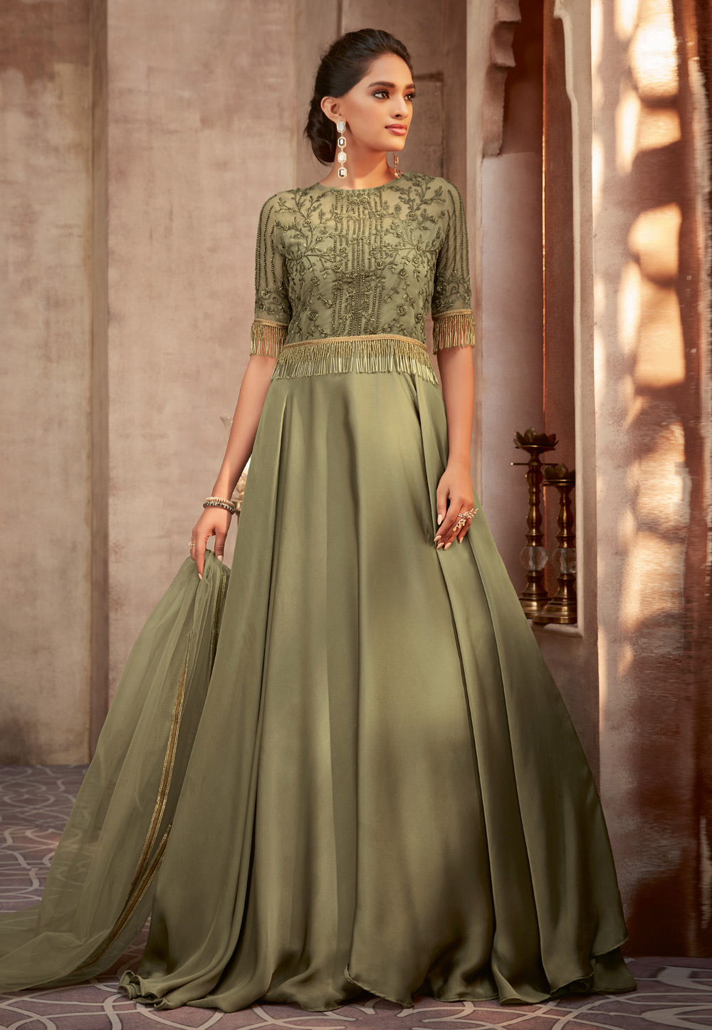 Green Silk Embroidered Abaya Style Anarkali Suit 194457