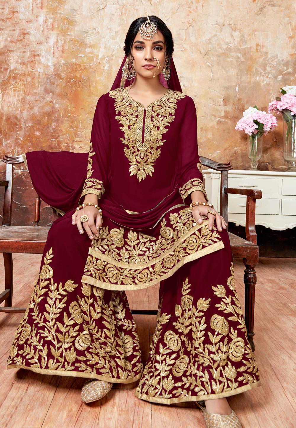 Maroon Faux Georgette Palazzo Suit 154510