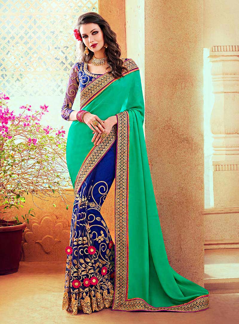 Sea Green Satin Georgette Half and Half Saree With Blouse 71666