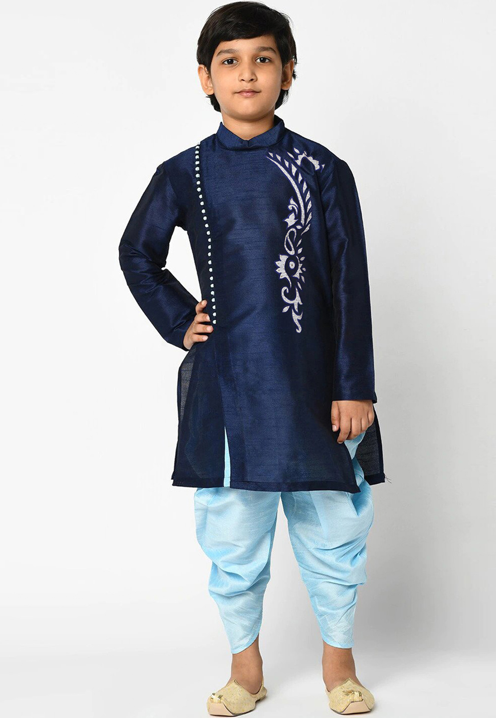 Navy Blue Dupion Silk Readymade Kids Kurta Pajama 257144
