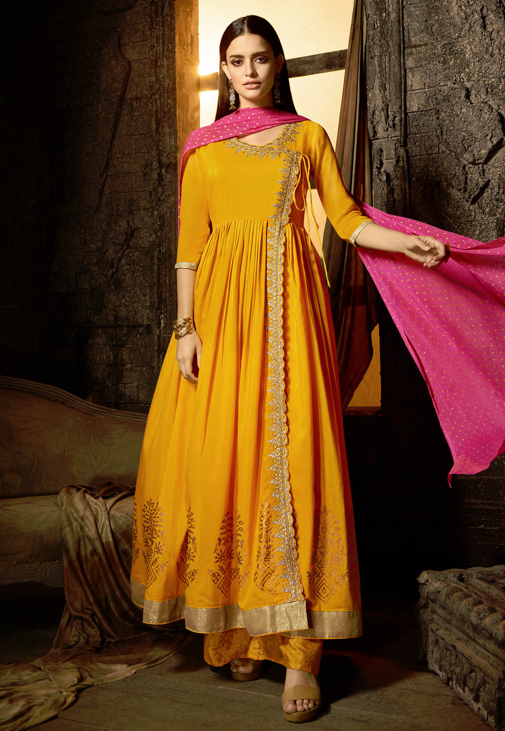 Yellow Muslin Embroidered Kameez With Palazzo 179169