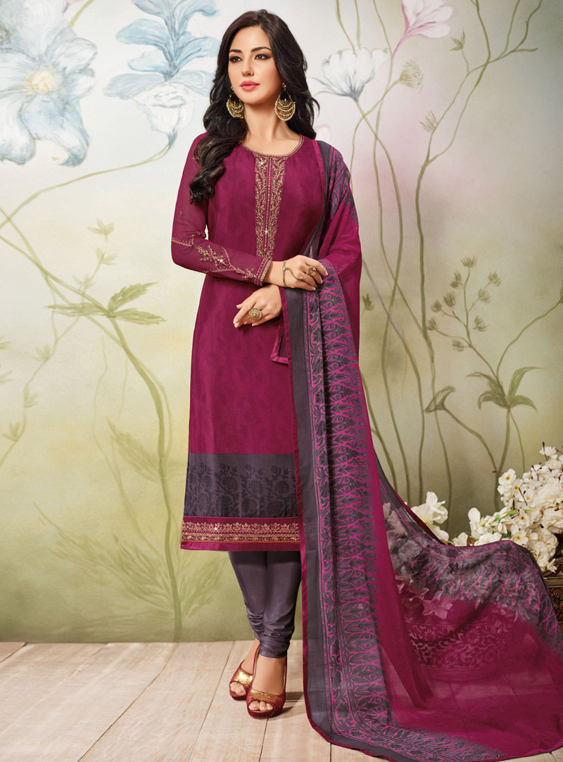 Dark Pink Crepe Churidar Salwar Suit 104901