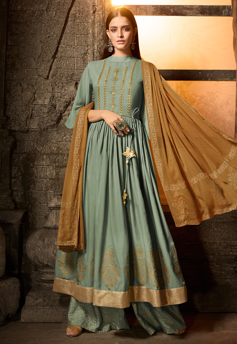 Sea Green Muslin Embroidered Kameez With Palazzo 179170