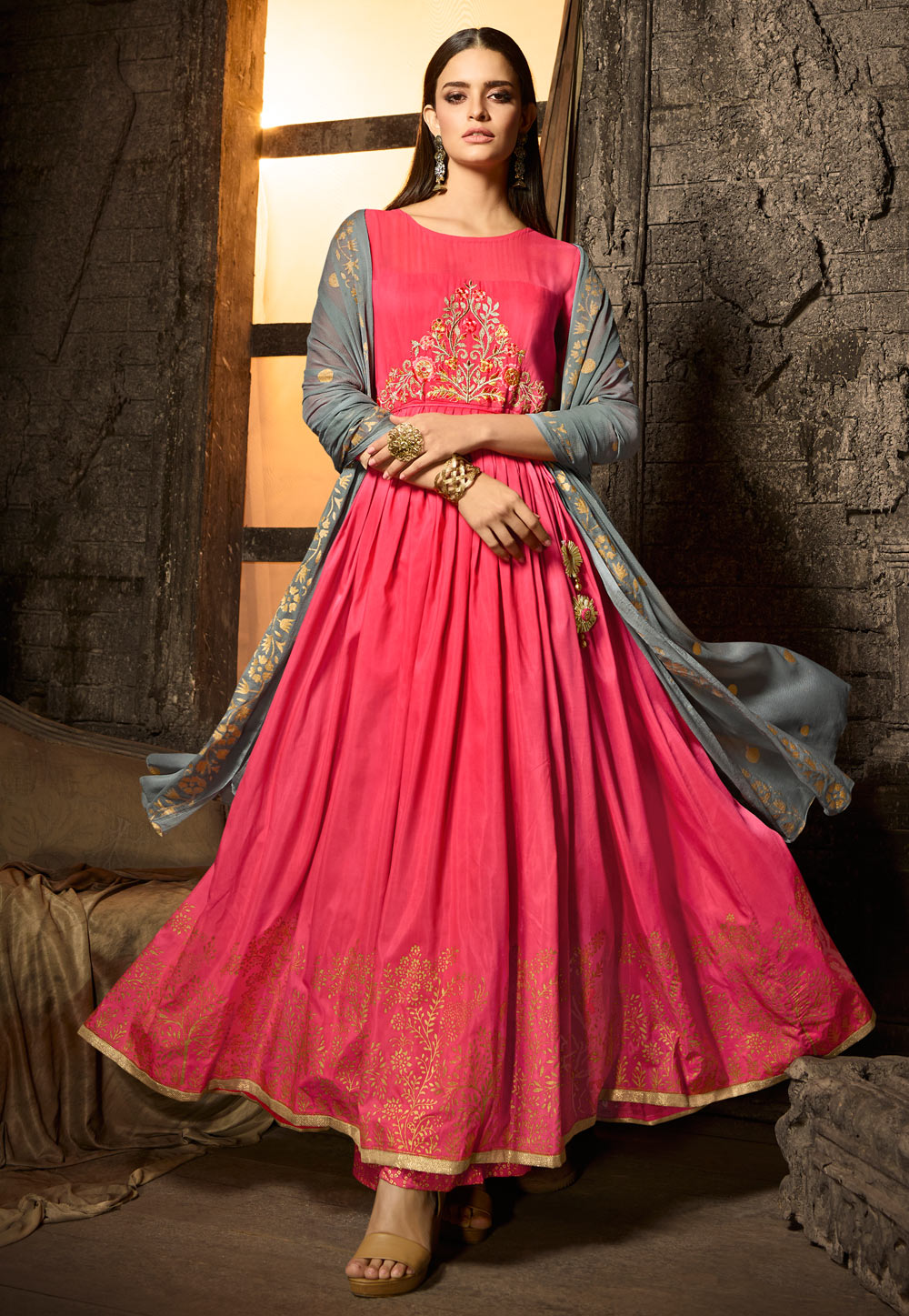 Magenta Muslin Embroidered Kameez With Palazzo 179171