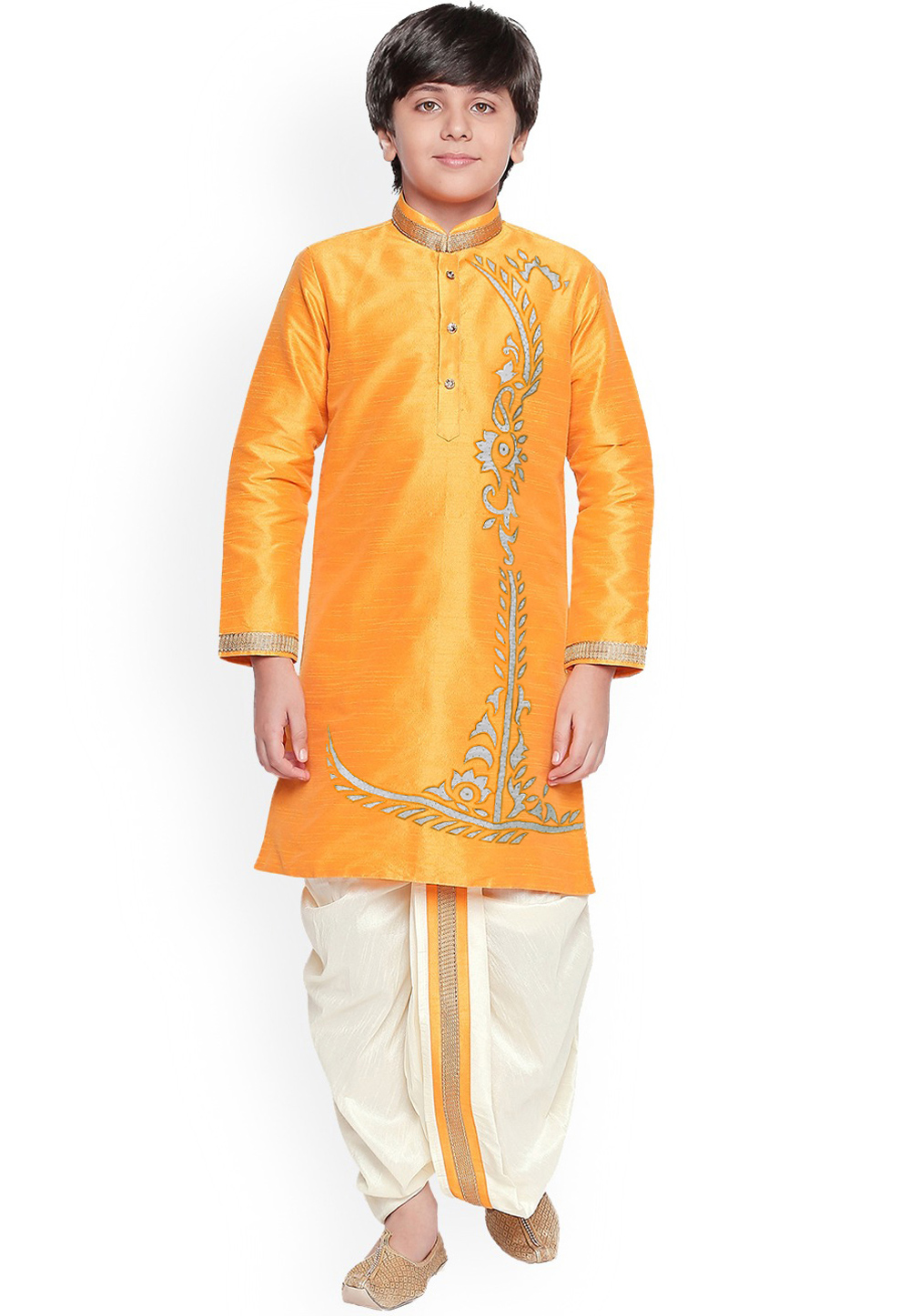 Orange Dupion Silk Readymade Kids Kurta Pajama 257150