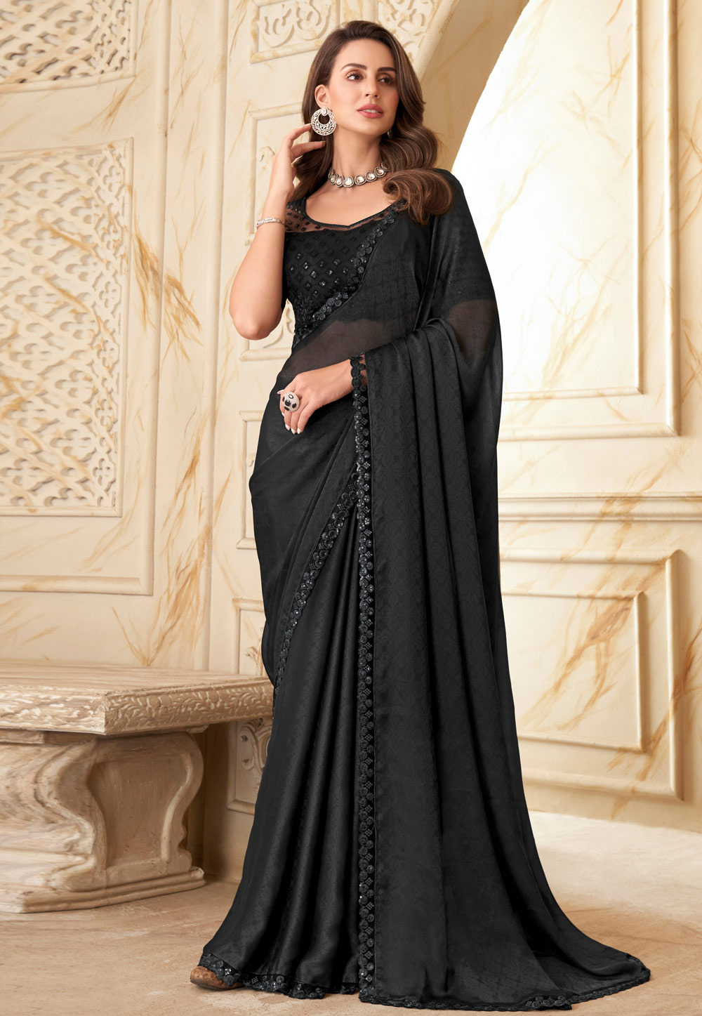 Plain Black pure banarasi silk saree with Khaduva Ganaga jammuna border,  brocade blouse Code: O1017VB162505 Cost: 1240… | Saree designs, Elegant  saree, Modern saree