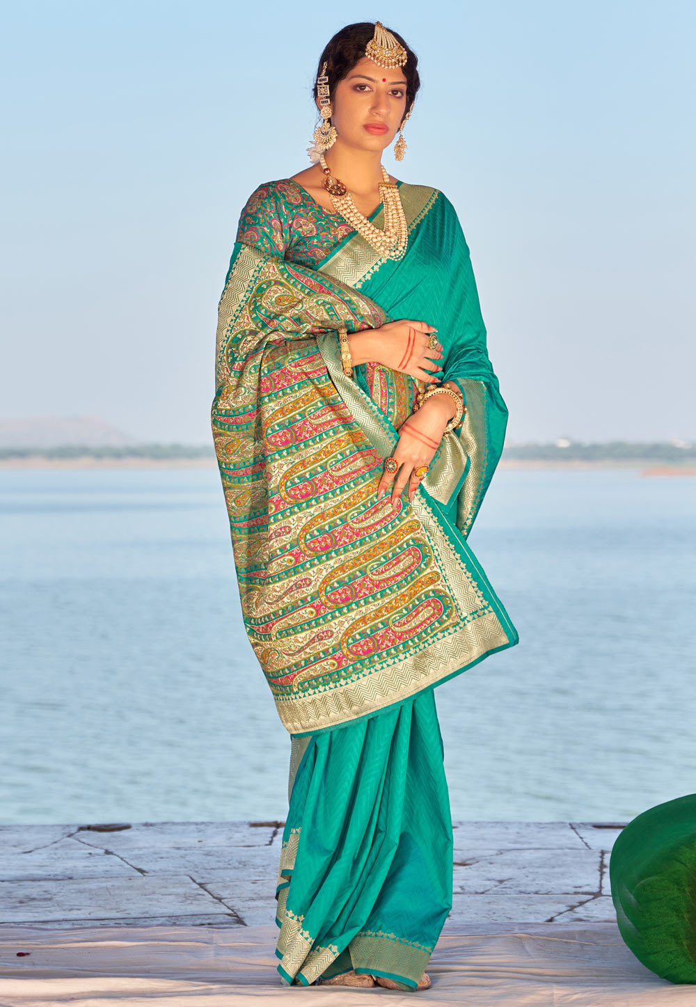 Aqua Banarasi Silk Saree With Blouse 242029
