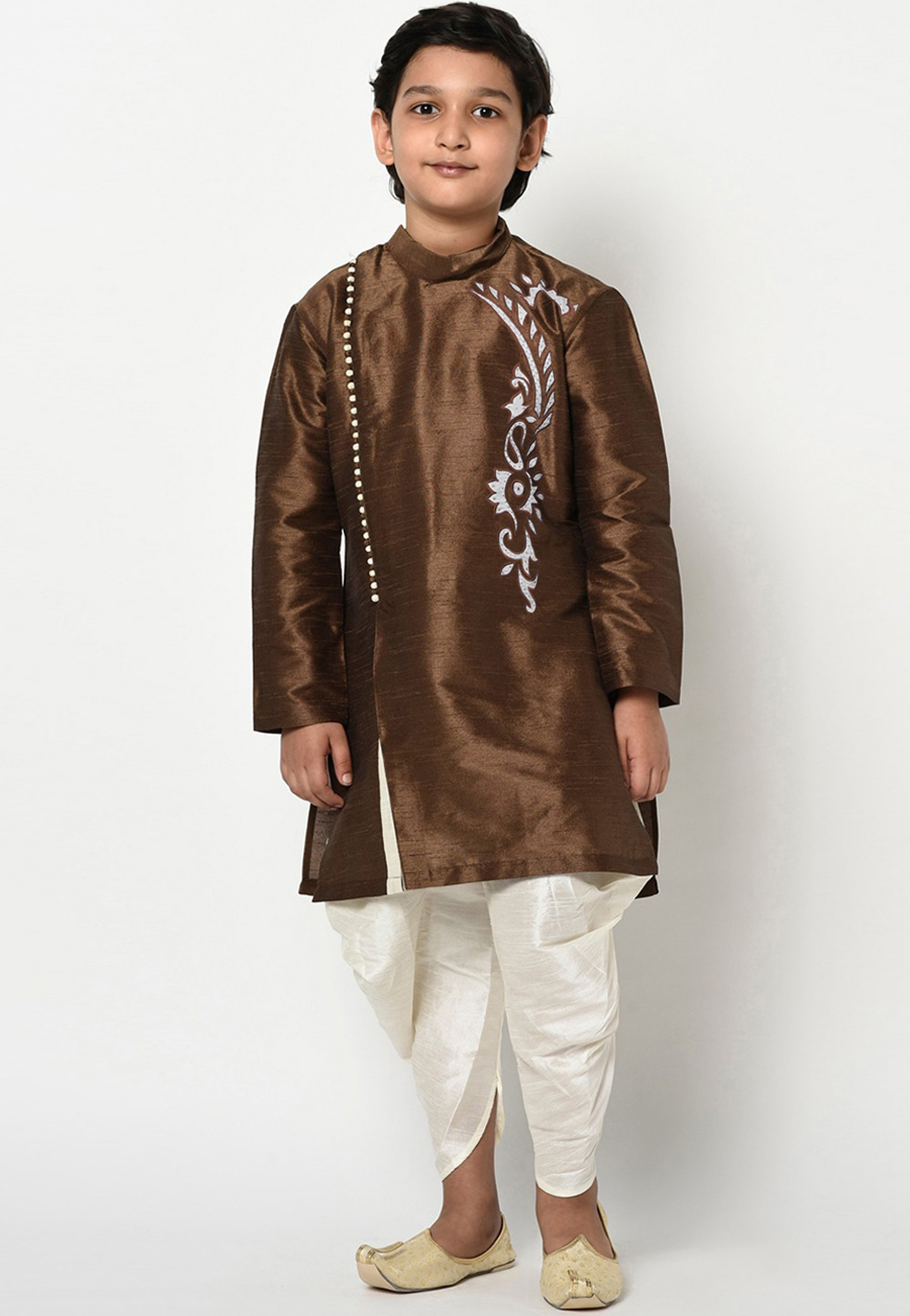 Brown Dupion Silk Readymade Kids Kurta Pajama 257152