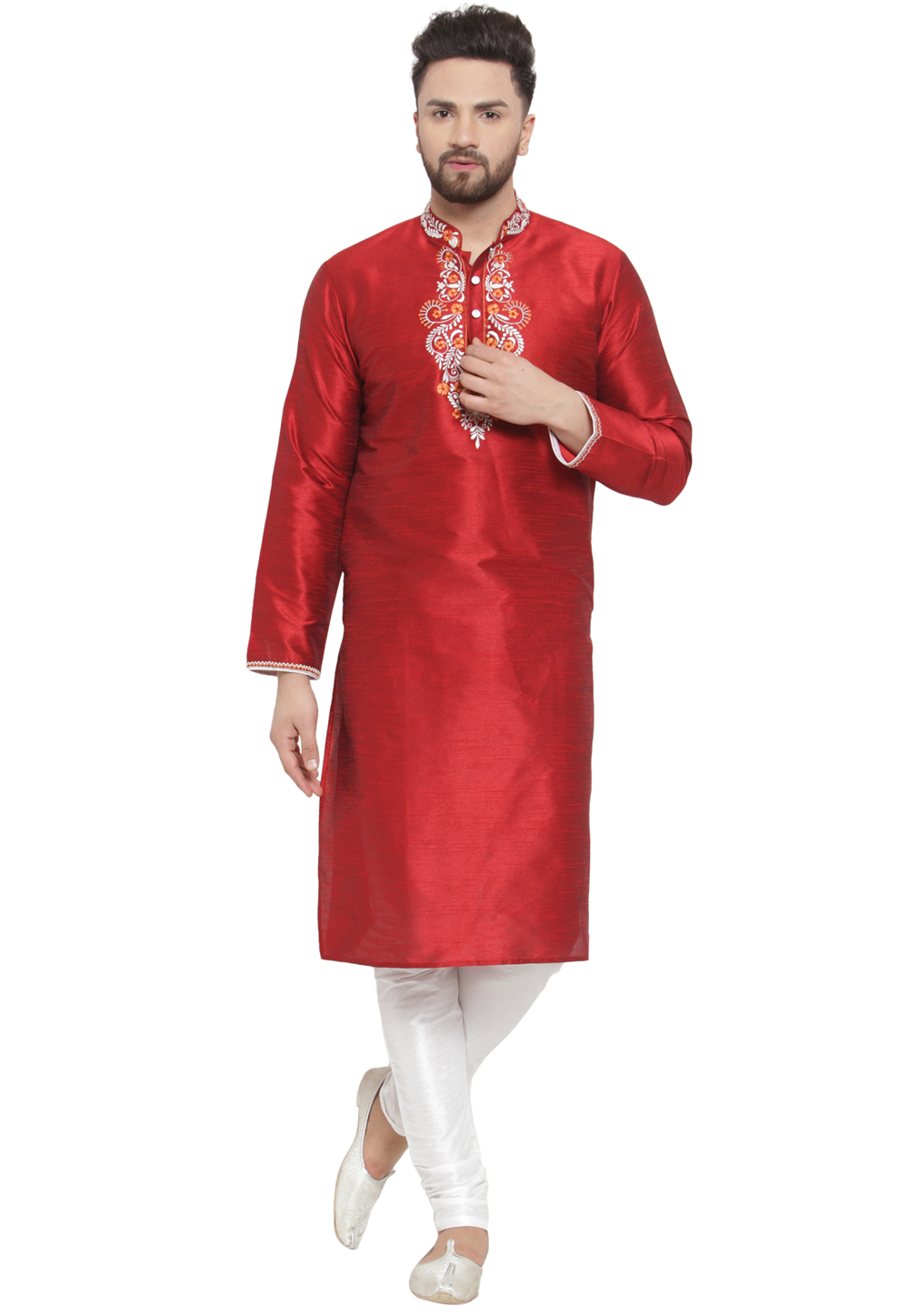 Red Dupion Silk Readymade Kurta Pajama 201150