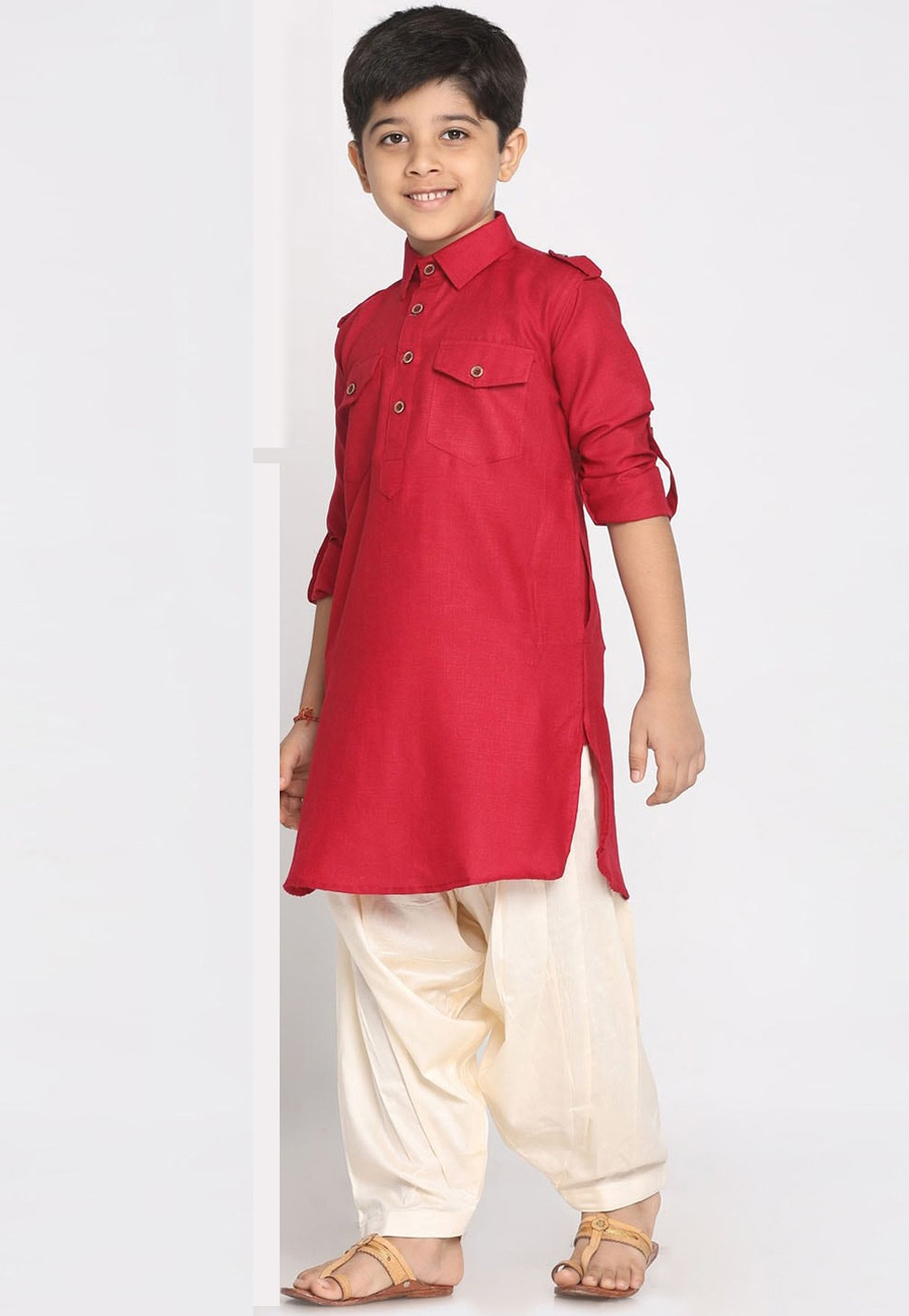 Red Cotton Readymade Kids Kurta Pajama 257159