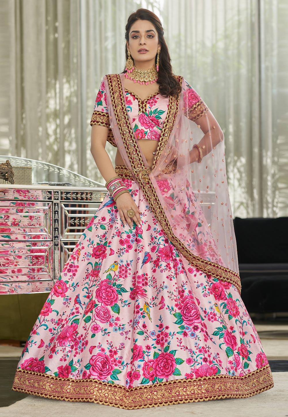 Pink and White Floral Organza Lehenga | Lehenga saree design, Stylish  dresses, Lehnga dress