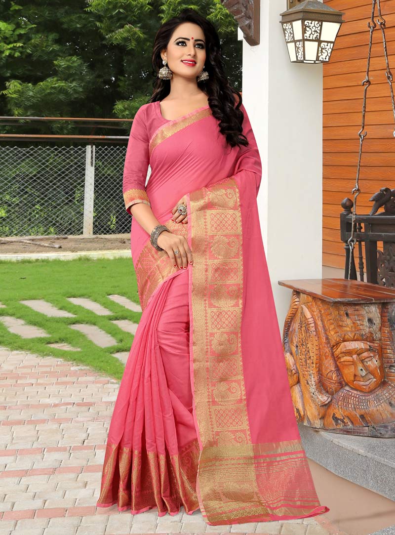 Pink Banarasi Silk Saree With Blouse 90590